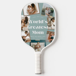 Teal World's Greatest Mom 7 Photo Collage Pickleball Paddle
