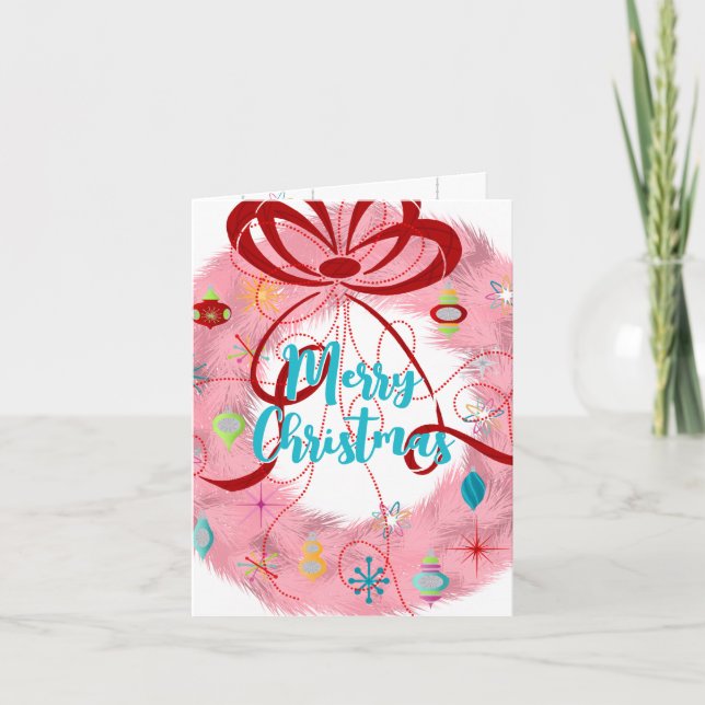 Teal Wreath Retro Christmas Card (Front)