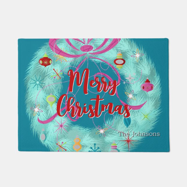 Teal Wreath Retro Christmas Doormat (Front)