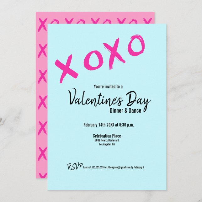 Teal XOXO pink Valentines Dinner Dance Party Invitation (Front/Back)