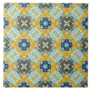 Teal, Yellow, and Grey Diamonds and Squares Patter Ceramic Tile