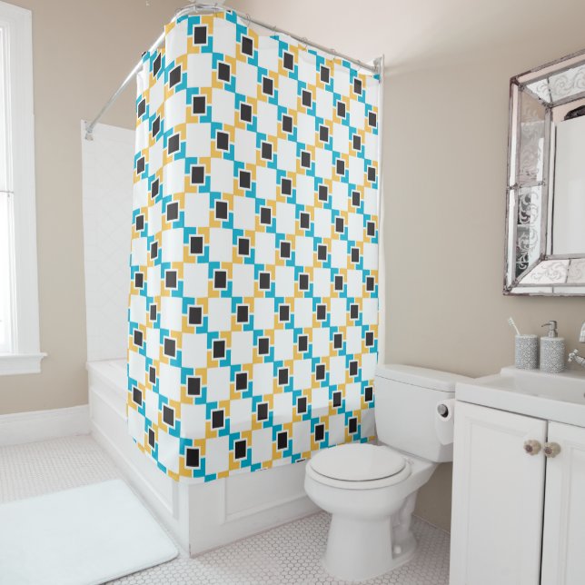 Teal Yellow Black Square Pattern  Shower Curtain (In Situ)