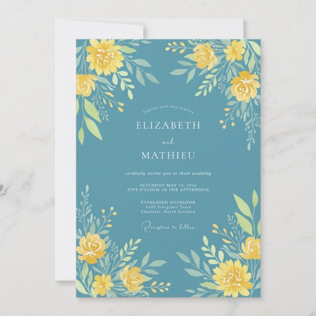 Teal Yellow Blossom Romance Wedding Invitation (Front)