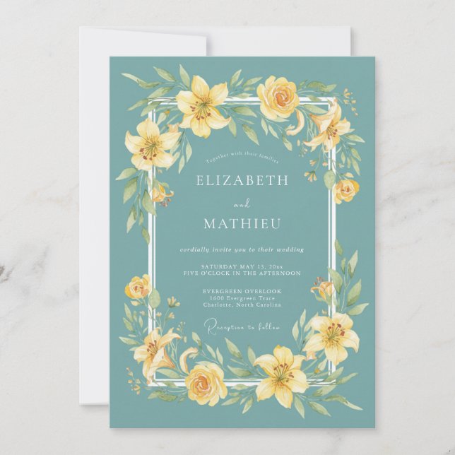 Teal Yellow Botanical Flourish Wedding Invitation (Front)