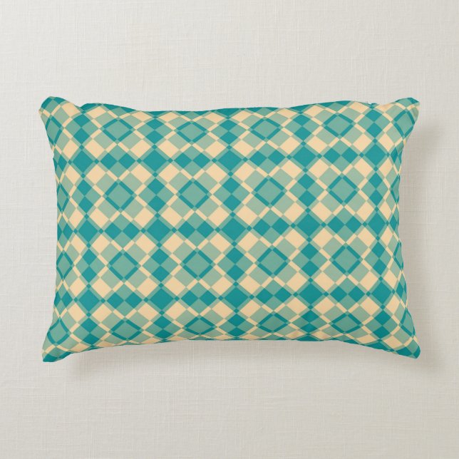Teal Yellow Checker Argyle Pattern Decorative Cushion (Front)