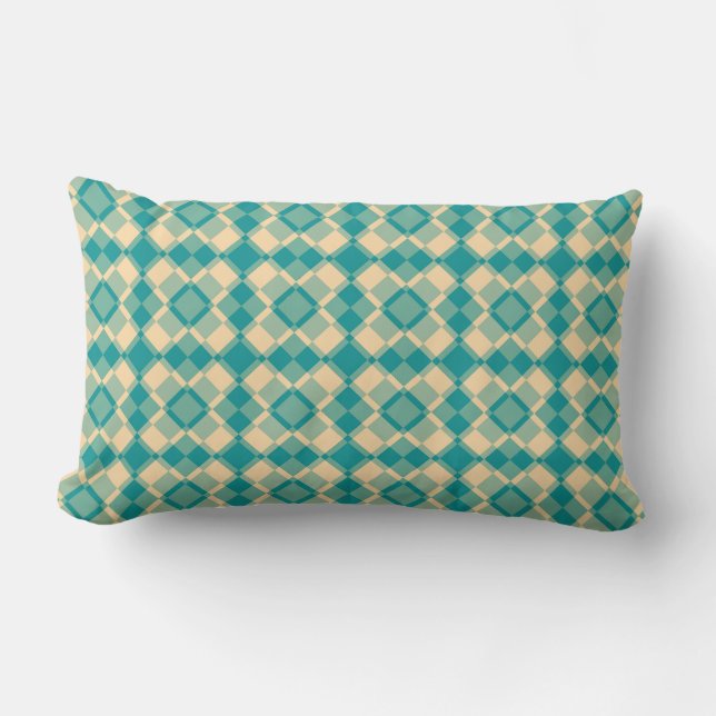 Teal Yellow Chequered Argyle Pattern Lumbar Cushion (Front)