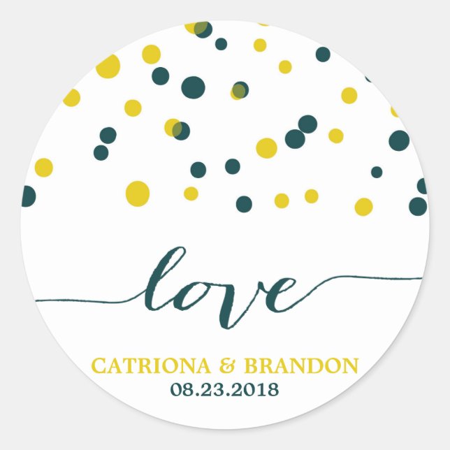 Teal & Yellow Confetti Dots Modern Love Classic Round Sticker (Front)