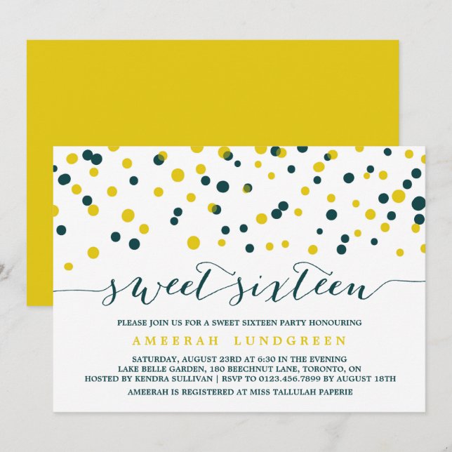 Teal & Yellow Confetti Dots Modern Sweet Sixteen Invitation (Front/Back)