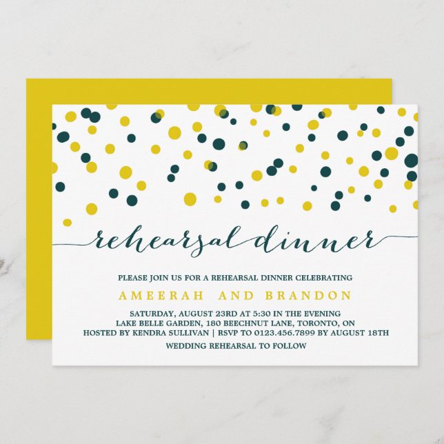 Teal & Yellow Confetti Dots Rehearsal Dinner Invitation (Front/Back)