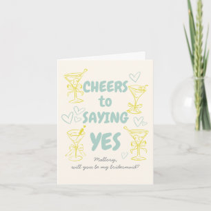 Teal + Yellow Doodle Martini Bridesmaid Proposal Card