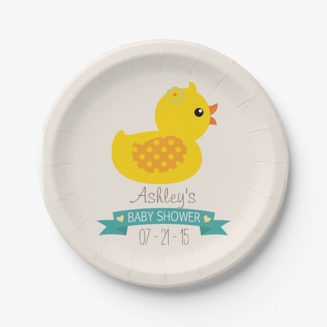 Teal & Yellow Duckling, Duck; Baby Shower Paper Plate (Front)
