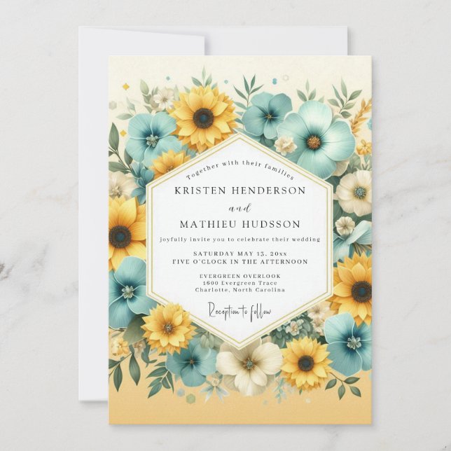 Teal Yellow Floral Bloom Wedding Invitation (Front)