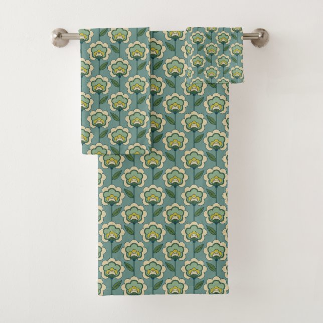 Teal & Yellow Floral Pattern Bath Towel Set (Insitu)