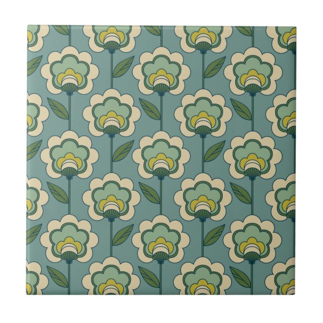 Teal & Yellow Floral Pattern Ceramic Tile (Front)