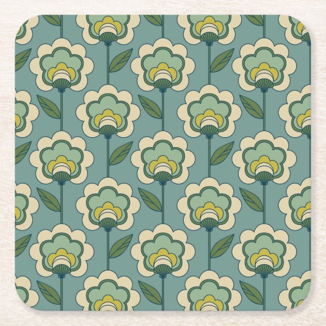 Teal & Yellow Floral Pattern Square Paper Coaster (Front)