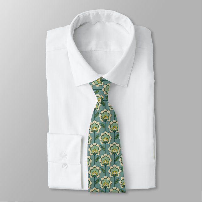 Teal & Yellow Floral Pattern Tie (Tied)
