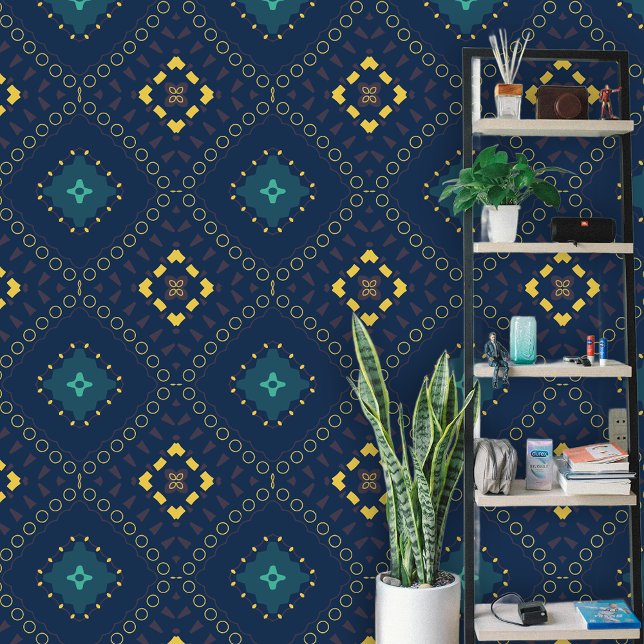 Teal Yellow Geometric Diamond Shapes on Deep Blue  Wallpaper (Creator Uploaded)