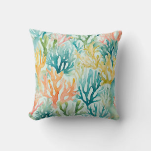 Teal Yellow Orange Coral Reef Coastal Ocean Cushion