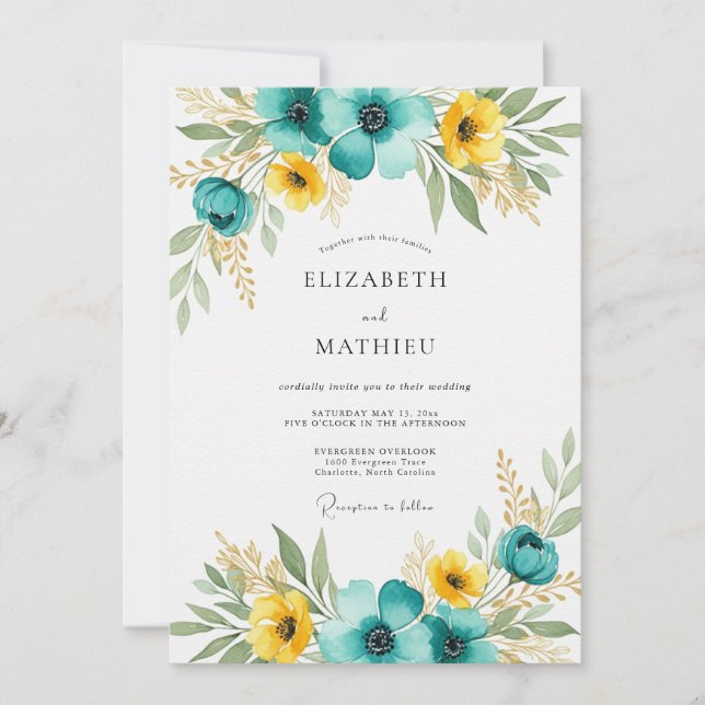 Teal Yellow Poetic Summer Wedding Invitation (Front)