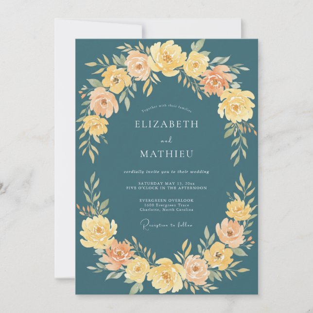 Teal Yellow Ranunculus Eucalyptus Wedding Invitation (Front)