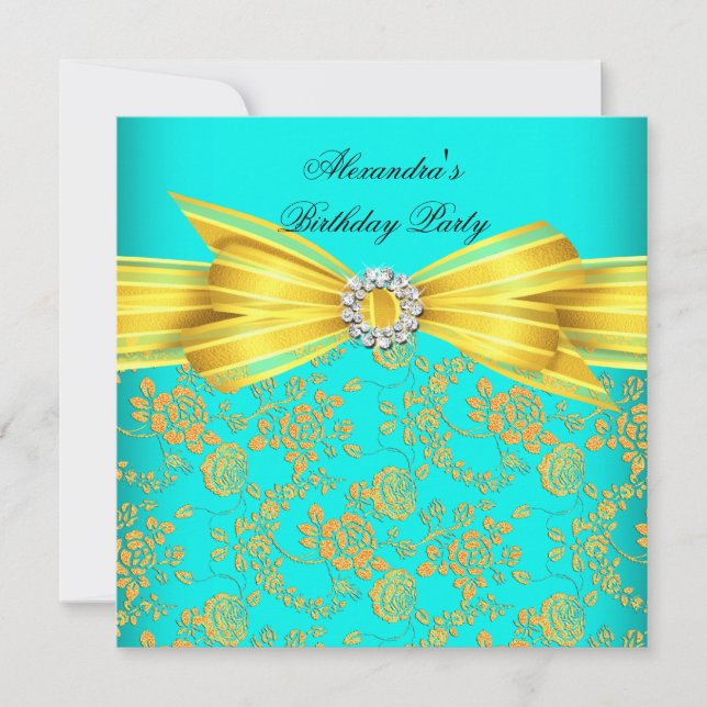 Teal Yellow Rose Damask Birthday Party Invitation (Front)