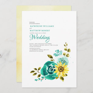 Teal Yellow Sunflower Floral Wedding  Invitation