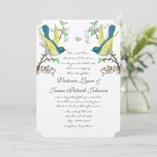 Teal & Yellow Vintage Birds Wedding Invite (Standing Front)