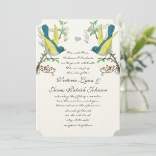 Teal & Yellow Vintage Birds Wedding Invite