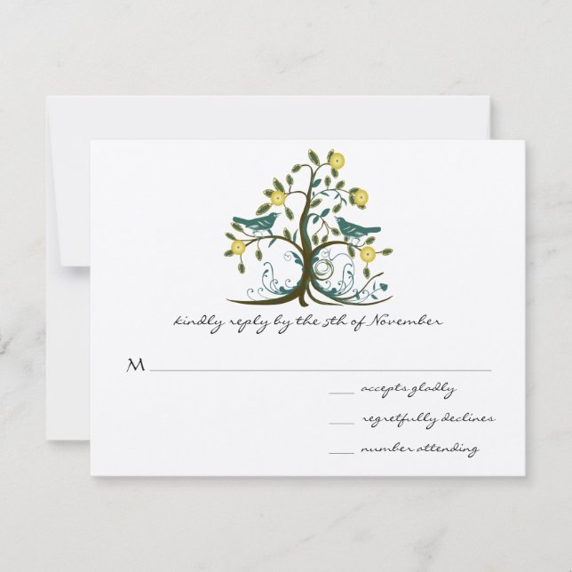 Teal & Yellow Whimsical Swirl Tree Wedding RSVP Card (Front)