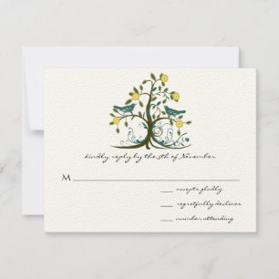 Teal & Yellow Whimsical Swirl Tree Wedding RSVP Card