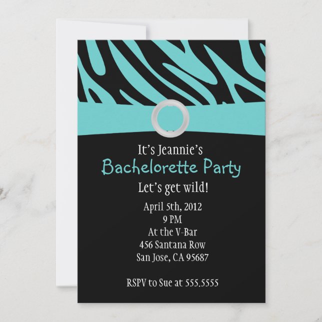 Teal Zebra Bachelorette Party Invitation (Front)