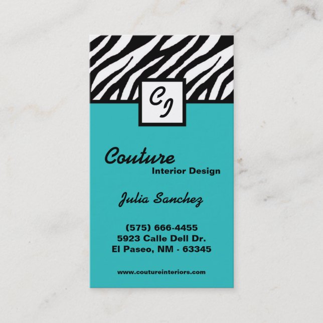 Teal Zebra Print Custom Personalise Business Card (Front)