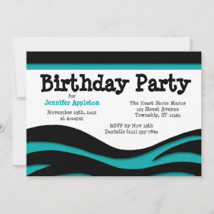 Teal Zebra Print Waves Birthday Invitations
