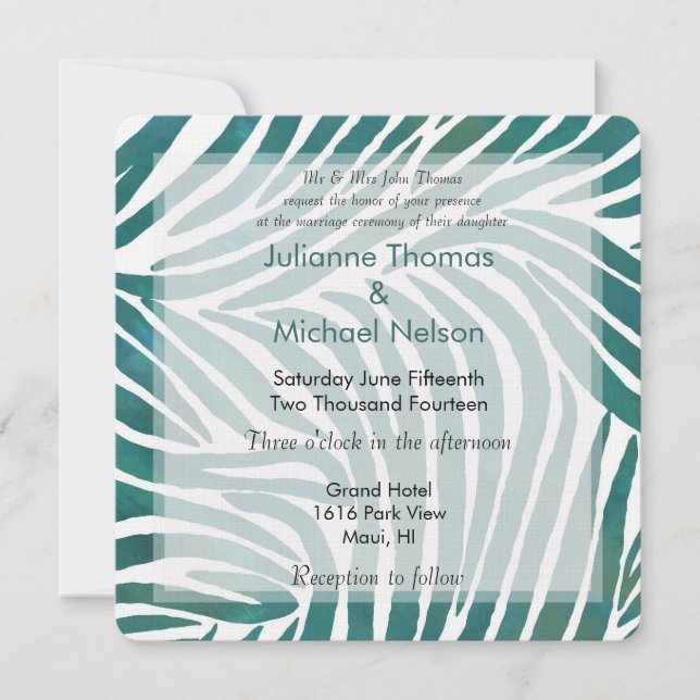 Teal Zebra Print Wedding Invitation (Front)