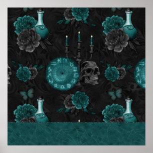 Teal Zodiac Magic Green Gothic Skull Roses Poster