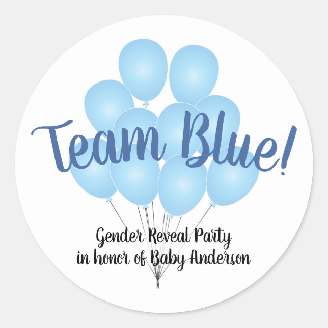 Team Blue Balloons Gender Reveal Party White Classic Round Sticker (Front)