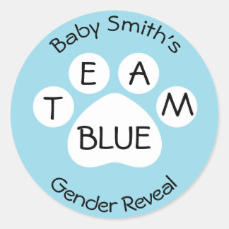 Team Blue Paw Print Gender Reveal Classic Round Sticker