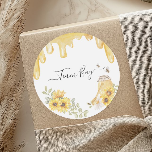 Team Boy Bee Sunflowers Gender Reveal Party Vote Classic Round Sticker (Creator Uploaded)