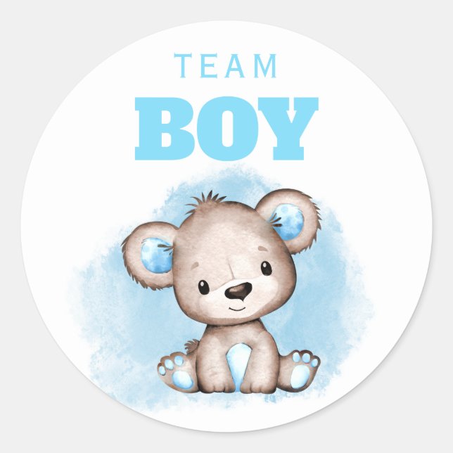 Team Boy Blue Bear Gender Reveal Classic Round Sticker (Front)