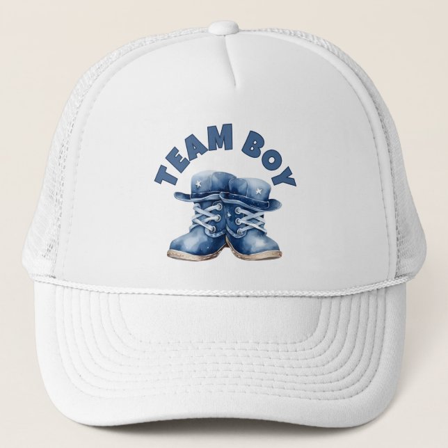 Team Boy Cute Little Blue Baby Boots Gender Reveal Trucker Hat (Front)