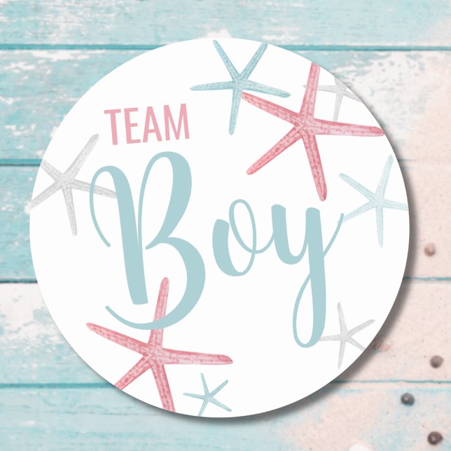 Team Boy Gender Reveal Party Classic Round Sticker (Cute Pink Blue Team Boy Summer Gender Reveal Party Classic Round Sticker)