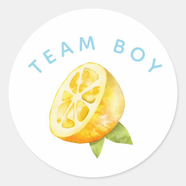 Team Boy Gender Reveal Party Vote Lemon Classic Round Sticker (Front)