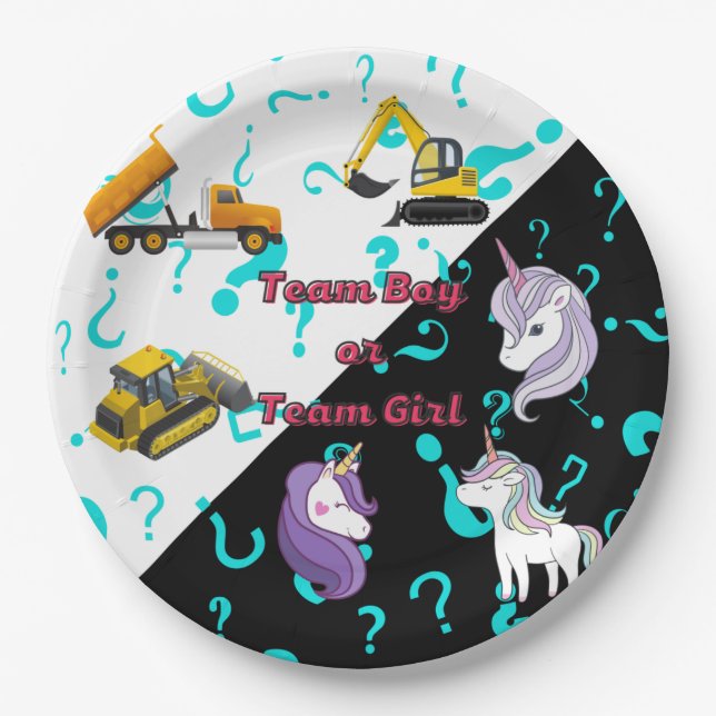 Team Boy vs Team Girl Heavy Equipment vs Unicorns  Paper Plate (Front)