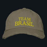 Team Brasil embroidered hat<br><div class="desc">Show you support to Brasil with this gold and green embroidered hat. Reads Team Brasil or customise with your own text.</div>