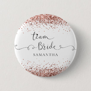 Team Bride Name Script Rose Gold Glitter Borders 6 Cm Round Badge