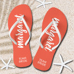 Team Bride Peach and White Personalised Thongs<br><div class="desc">Peach and white - or any colour - flip flops personalised with your name and "Team Bride" or any wording you choose. Great bridesmaid gift, bachelorette party, flat shoes for the wedding reception, or a fun bridal shower favour. Change the colour straps and footbed, too! More colours done for you...</div>