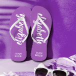 Team Bride Purple and White Personalised  Thongs<br><div class="desc">Purple and white - or any colour - flip flops personalised with your name and "Team Bride" or any wording you choose. Great bridesmaid gift, bachelorette party, flat shoes for the wedding reception, or a fun bridal shower favour. Change the colour straps and footbed, too! More colours done for you...</div>