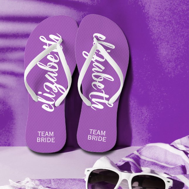 Team Bride Purple and White Personalised  Thongs (Creator Uploaded)