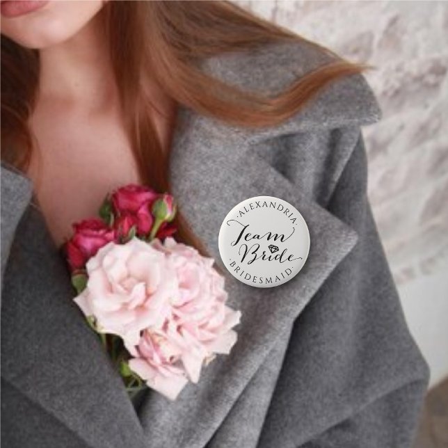 TEAM BRIDE Script Calligraphy Wedding Bridal Party 6 Cm Round Badge (TEAM BRIDE M.O.H. Diamond Classic Script Wedding Bridal Party Pinback Button @ fatfatin_blue_knot)