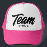 Team Bride script typography wedding party Trucker Hat<br><div class="desc">Team Bride script typography wedding party Trucker Hat. Custom pink baseball cap for bride and bridesmaids. Stylish hand lettering design for bachelorette party games and more. Available in other cool colours too. Create them for your group of friends, guests, entourage, squad, crew, tribe, maid of honour, family members etc. Also...</div>